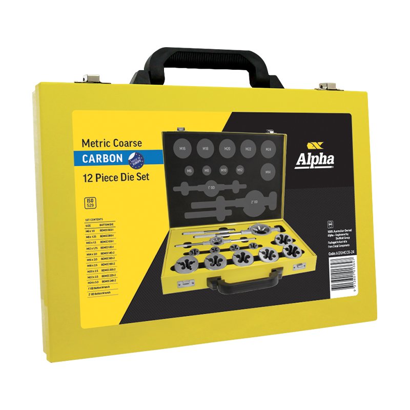 ALPHA Alpha Die Set Metric Coarse Carbon M6-M24 12 Piece Metal Box