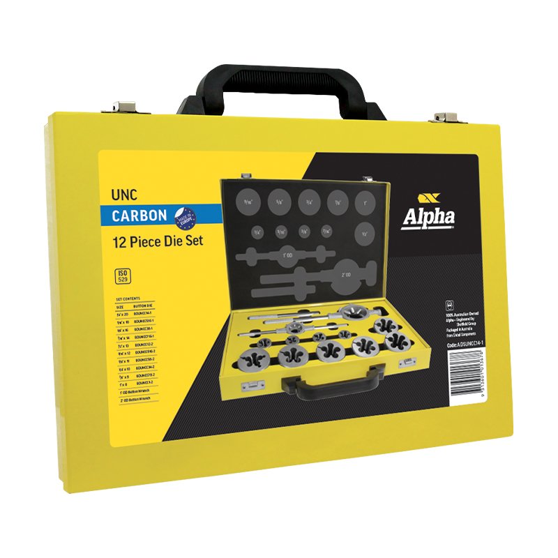 ALPHA Alpha Die Set UNC Carbon 1/4in - 1in 12 Piece Metal Box