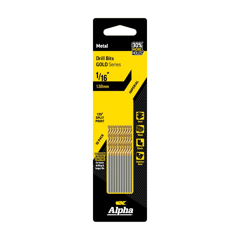 ALPHA 1/16in (1.59mm) Jobber Drill Bit - Gold Series 10 pce Trade Pack 1/16in