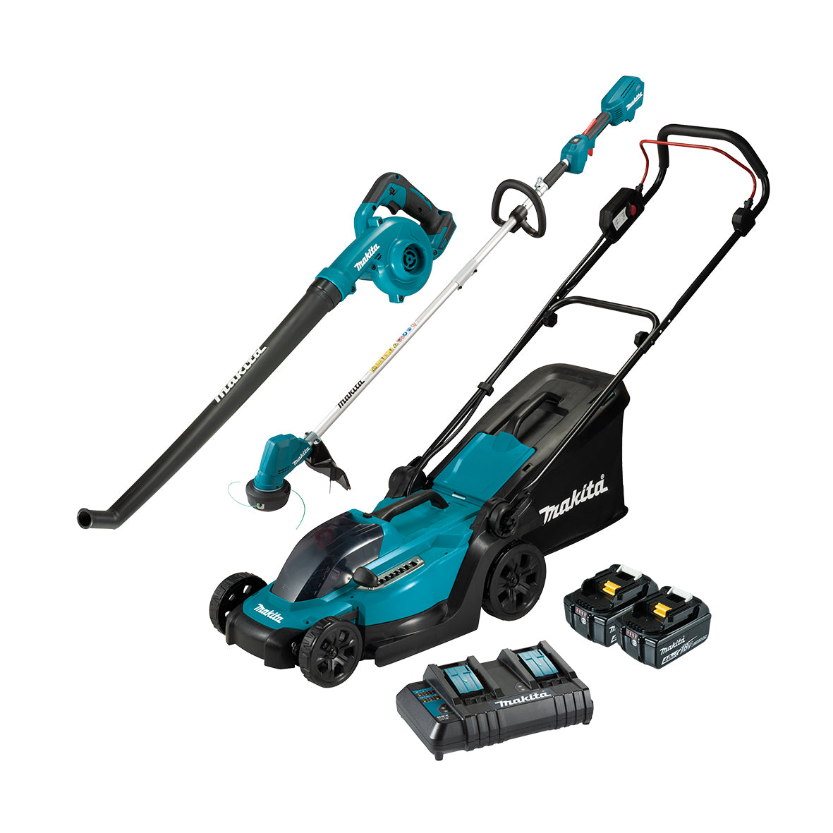 Makita, 3 Piece Combo Kit DLM330Z, DUR192LZ, DUB186Z, 2x BL1840B and DC18SH