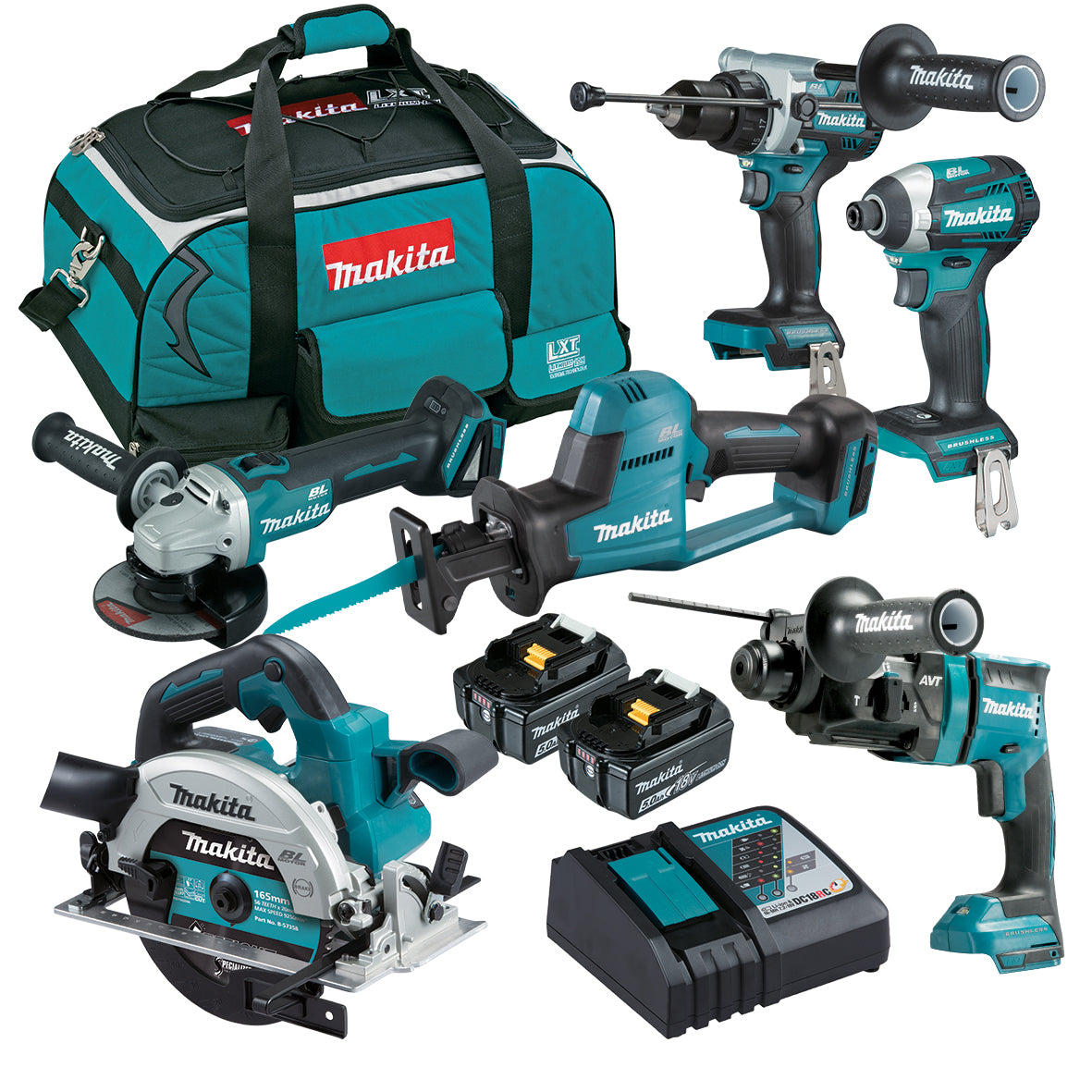 Makita, 6 Piece Brushless Combo Kit DHP486Z, DTD154Z, DGA504Z, DHS660Z, DHR182Z, DJR189Z, 2 x BL1850B, DC18RC, and 1999369 Carry Bag